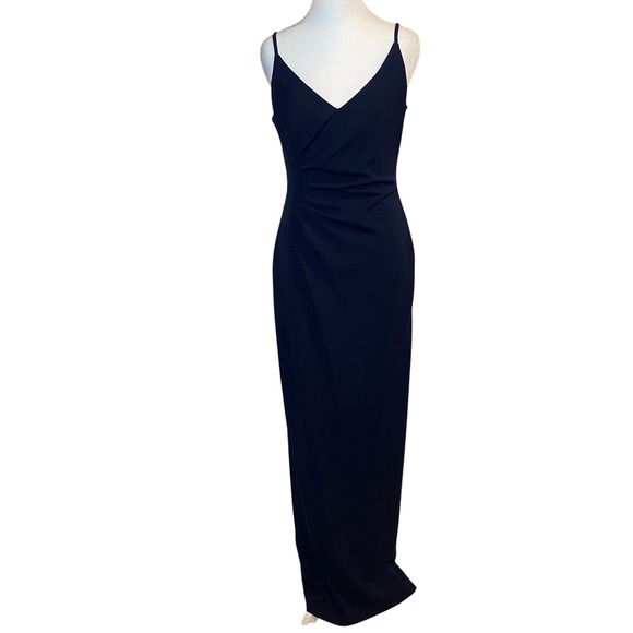 David's Bridal Navy Maxi Dress Spaghetti Strap Side Drape Formal Gown Size 6 - Picture 1 of 7